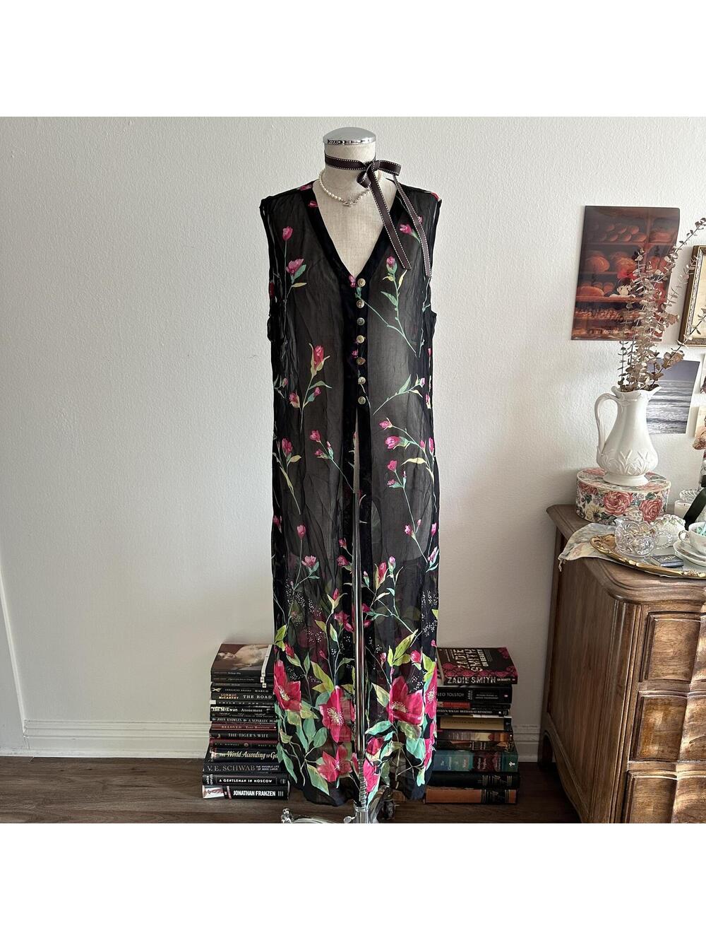 Black and floral rayon beaded cover up
